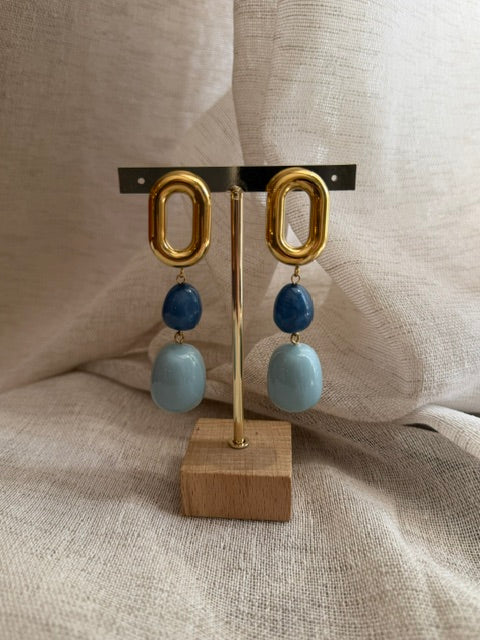 BOUCLES D'OREILLES DORÉE & PERLES BLEUES