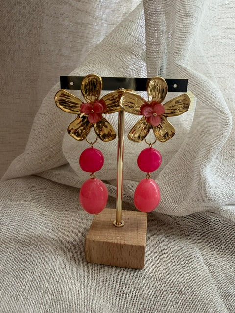 BOUCLES FLEUR DORÉE & PERLES ROSES
