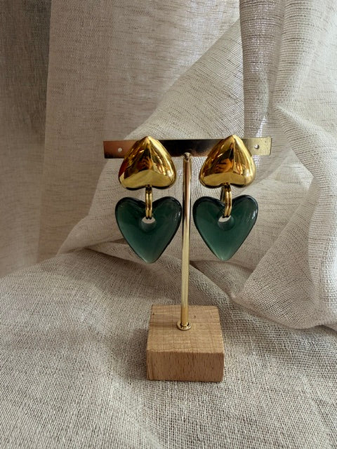 BOUCLES D'OREILLES COEUR MIROIR DORÉ & VERT