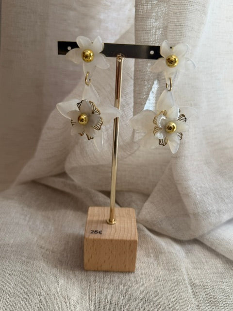 BOUCLES D'OREILLES DORÉES PENDANTES FLEURS NACRÉES