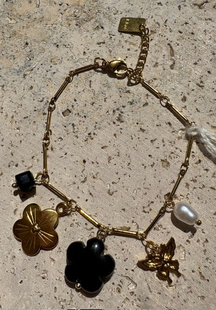 BRACELET DORÉ BRELOQUE FLEURS