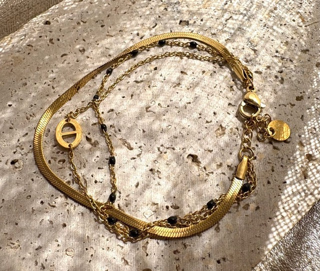 BRACELET FIN DORÉ TRIO NOIR