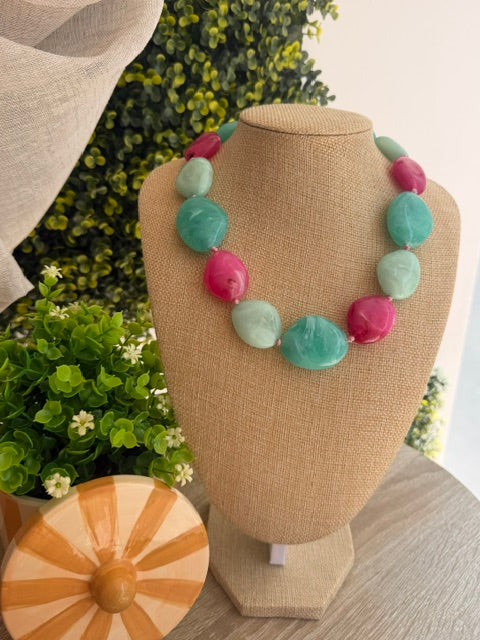 COLLIER PERLES BLEU & ROSE