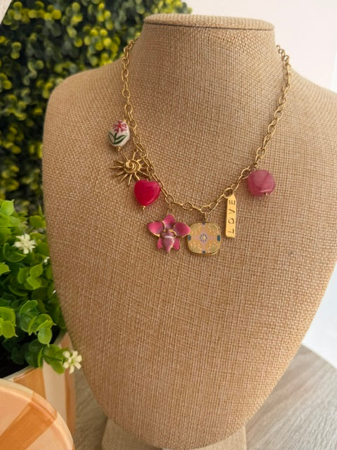 COLLIER DORÉ PENDENTIFS ROSE
